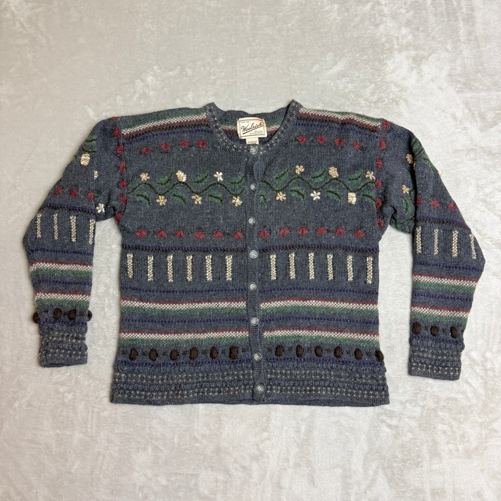 VTG 90s Woolrich Cardigan Sweater Womens L (Fit M) Gray Fair Isle Floral Wool